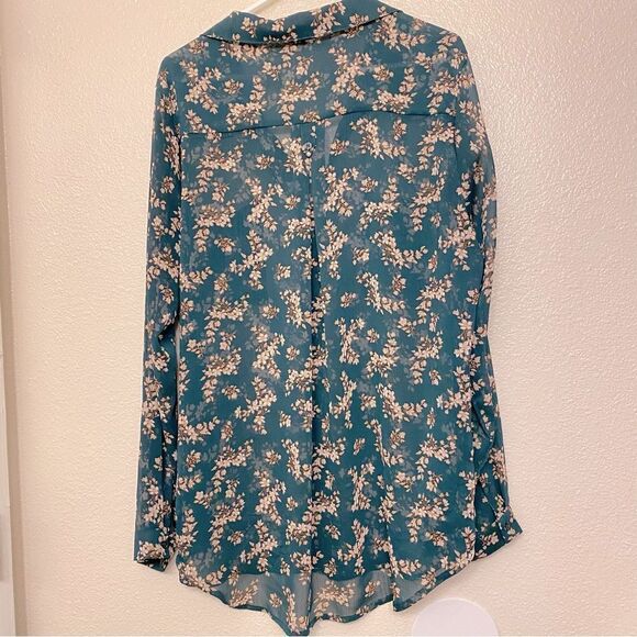 Peace and Pearl dark green micro floral semi sheer button up blouse top plus XXL - Picture 2 of 13